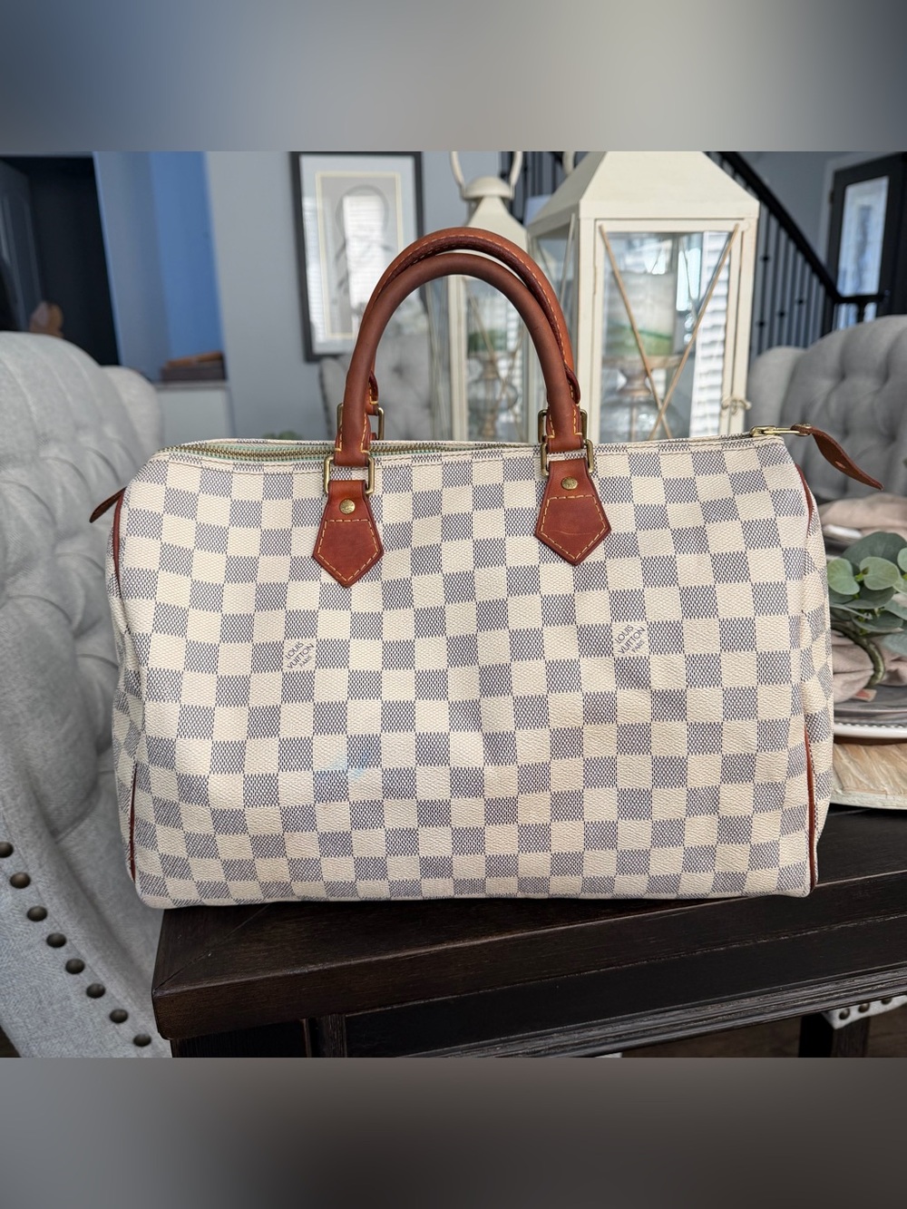 Classic Checkered Travel Bag Speedy 35 in Cream & Gray with Brown Trim